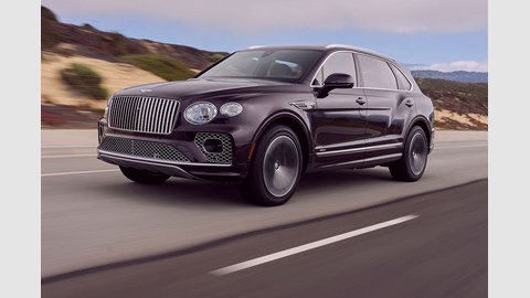 Bentley Bentayga EWB review - front view, driving, purple