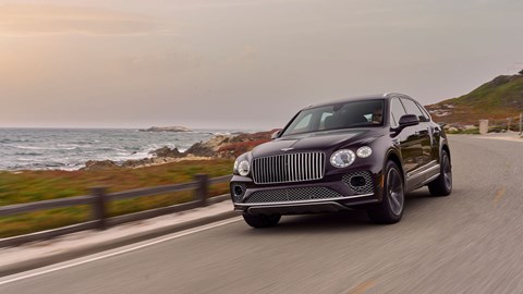 Bentley Bentayga Extended Wheelbase review - front side view, driving, purple
