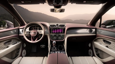 Bentley Bentayga EWB review - front interior, purple, infotainment screen