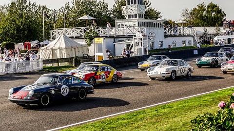 Classic Porsche 911 racers in the Fordwater Trophy race at the 2023 Goodwood Revival