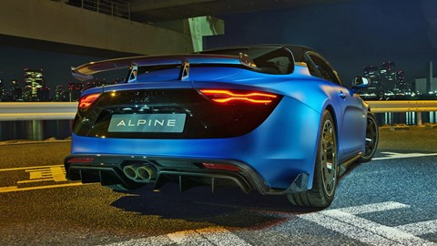 Alpine A110 R Fernando Alonso Edition - rear view, blue, Tokyo at night