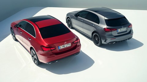 Mercedes-Benz A-Class - 2022 facelift, rear view, silver hatch, red saloon