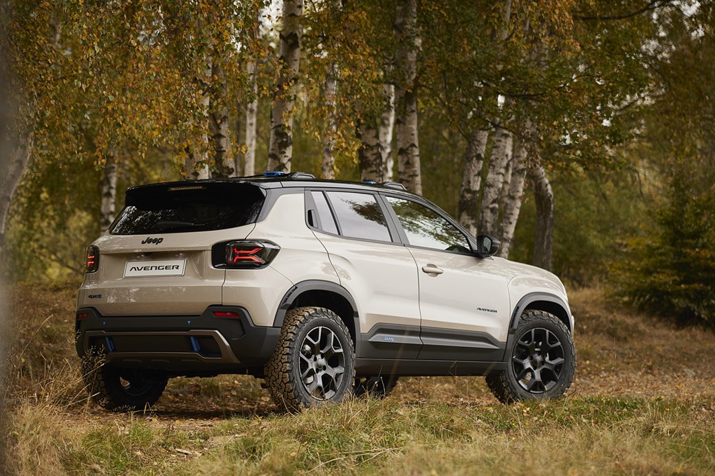 Jeep Avenger 4x4 concept: rear three quarter static, beige paint