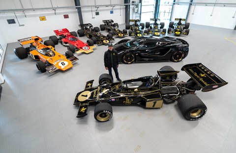 Lotus Evija Fittipaldi with eight remaining Type 72 F1 cars and Emmerson Fittipaldi
