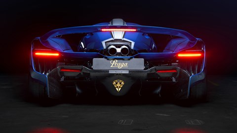 Praga Bohema hypercar - dead-on rear view, blue