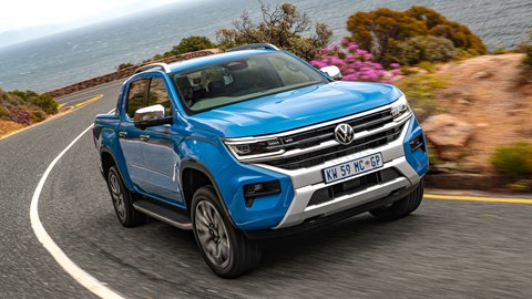 VW Amarok review, front view, blue, driving