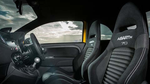 Abarth 595 (2022) review: front sports seats, black upholstery