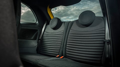 Abarth 595 (2022) review: rear seats, black fabric upholstery