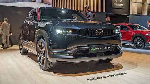 Mazda MX-30 R-EV rotary-powered range-extender electric car, front view, black, at Brussels motor show 2023