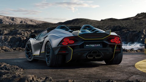 Lamborghini Authentica (2023): rear three quarter static on racetrack, grey and yellow paint
