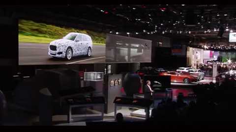 The new 2017 Jaguar XF Sportbrake is beamed up on screen at the 2016 Paris motor show