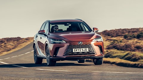 Lexus RX 450h+ review: front three quarter cornering shot, bronze car
