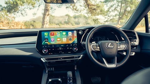 Lexus RX 450h+ review: dashboard and infotainment system, black upholstery