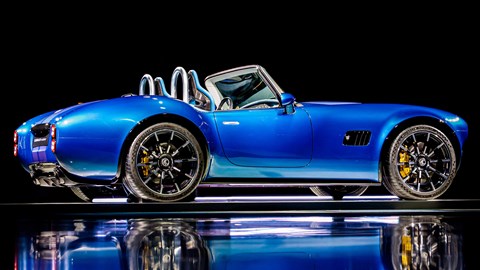 AC Cobra GT Roadster (2023): rear three quarter studio static, blue car