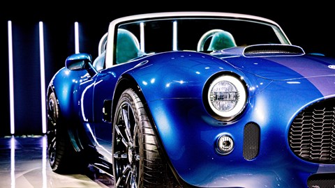 AC Cobra GT Roadster (2023): front three quarter studio static, blue car