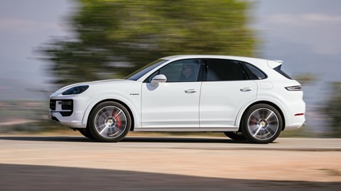 Porsche Cayenne E-Hybrid review - 2023-facelift - Turbo E-Hybrid, white, side, driving