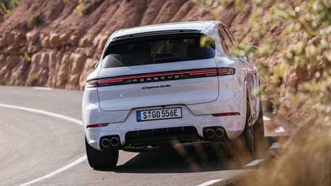 Porsche Cayenne E-Hybrid review - 2023-facelift - Turbo E-Hybrid, white, rear, driving