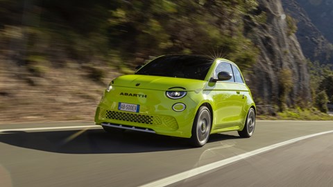 Abarth 500e yellow front three quarters