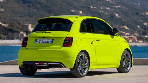 Abarth 500e yellow rear three quarters