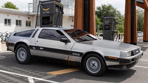 Electrogenic DeLorean DMC-12 EV conversion, front, charging