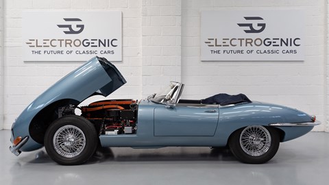 Electrogenic Jaguar E-Type EV side, bonnet up