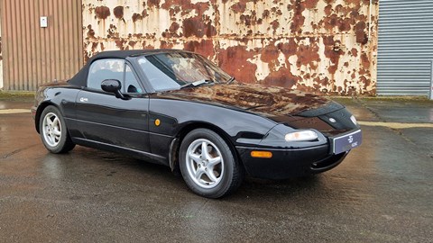 Electrogenic Mazda MX-5 EV conversion, front, black, roof up, Bauer Media exclusive image