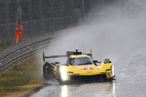 The Cadillac V-LMDh losing traction in the rain at Le Mans