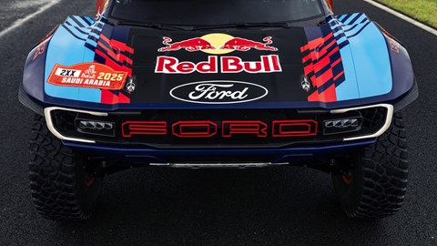 Image of Ford Raptor T1+ Dakar Rally car, close-up top-down view of front-end