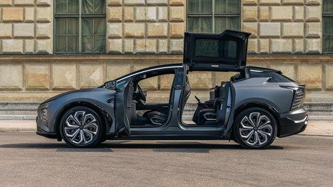 HiPhi X electric SUV review - side, all doors open, including roof panels