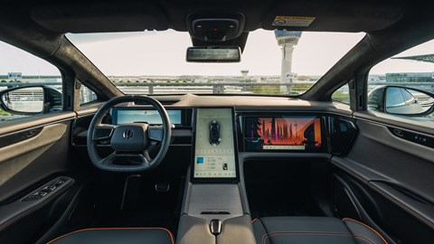 HiPhi X electric SUV review - front interior, three screens, steering wheel