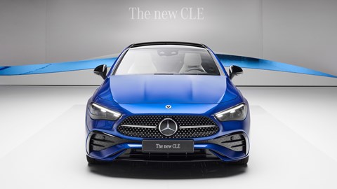 Mercedes CLE Coupe: front static, studio shoot, blue paint