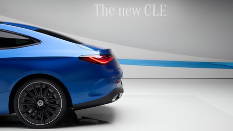 Mercedes CLE Coupe: rear half static detail, studio shoot, blue paint