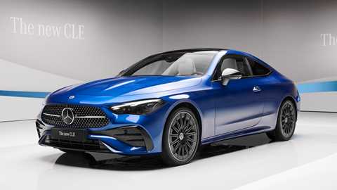 Mercedes CLE Coupe: front three quarter static, studio shoot, blue paint