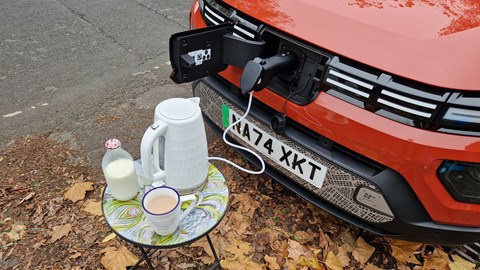 Dacia Spring review - UK, vehicle to load making tea