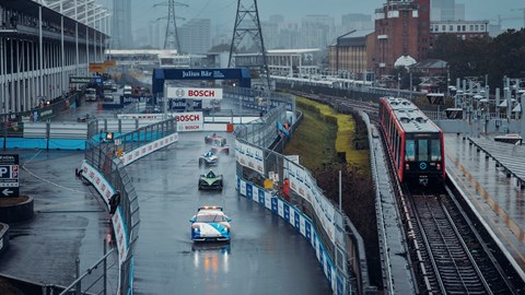 Formula E field being led by a Porsche Taycan