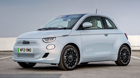 Most efficient electric cars: Fiat 500 Electric, front three quarter static, silver paint