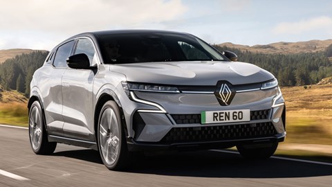 Most efficient electric cars: Renault Megane E-Tech Electric, front three quarter driving, grey paint