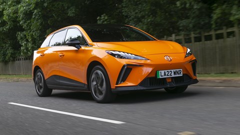 Most efficient electric cars: MG 4 EV, front three quarter driving, orange paint