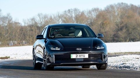 Most efficient electric cars: Hyundai Ioniq 6, front three quarter cornering, black paint