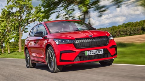 Most efficient electric cars: Skoda Enyaq iV, front three quarter driving, red paint
