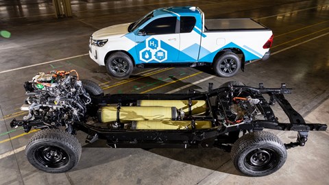 What is a hydrogen car? Hydrogen-powered Toyota Hilux concept, showing chassis with hydrogen conversion