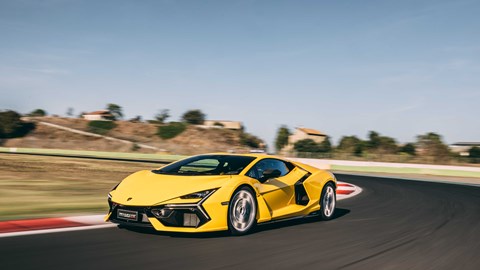 Lamborghini Revuelto front three-quarter driving