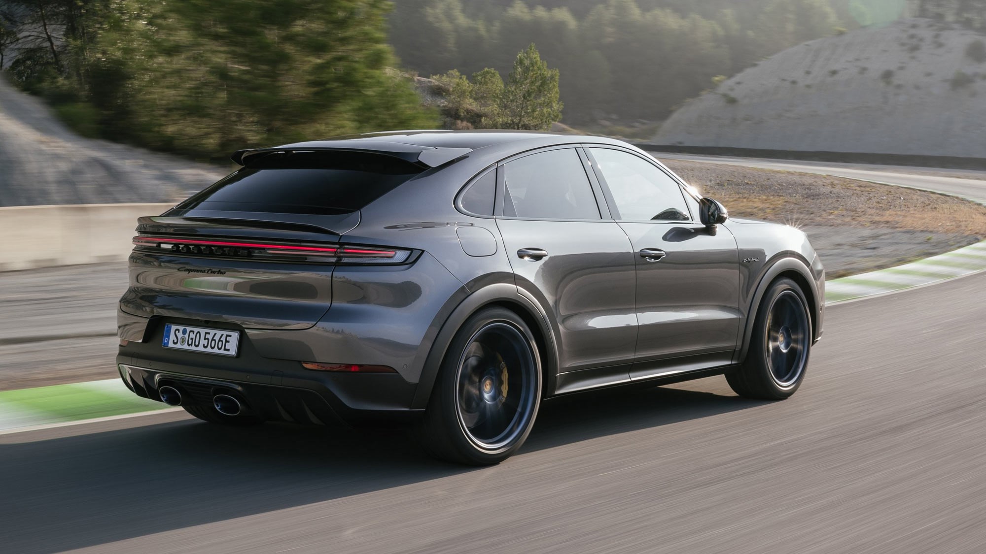 Porsche Cayenne Coupe review - 2023 facelift - Turbo E-Hybrid with GT Package, grey, rear, driving