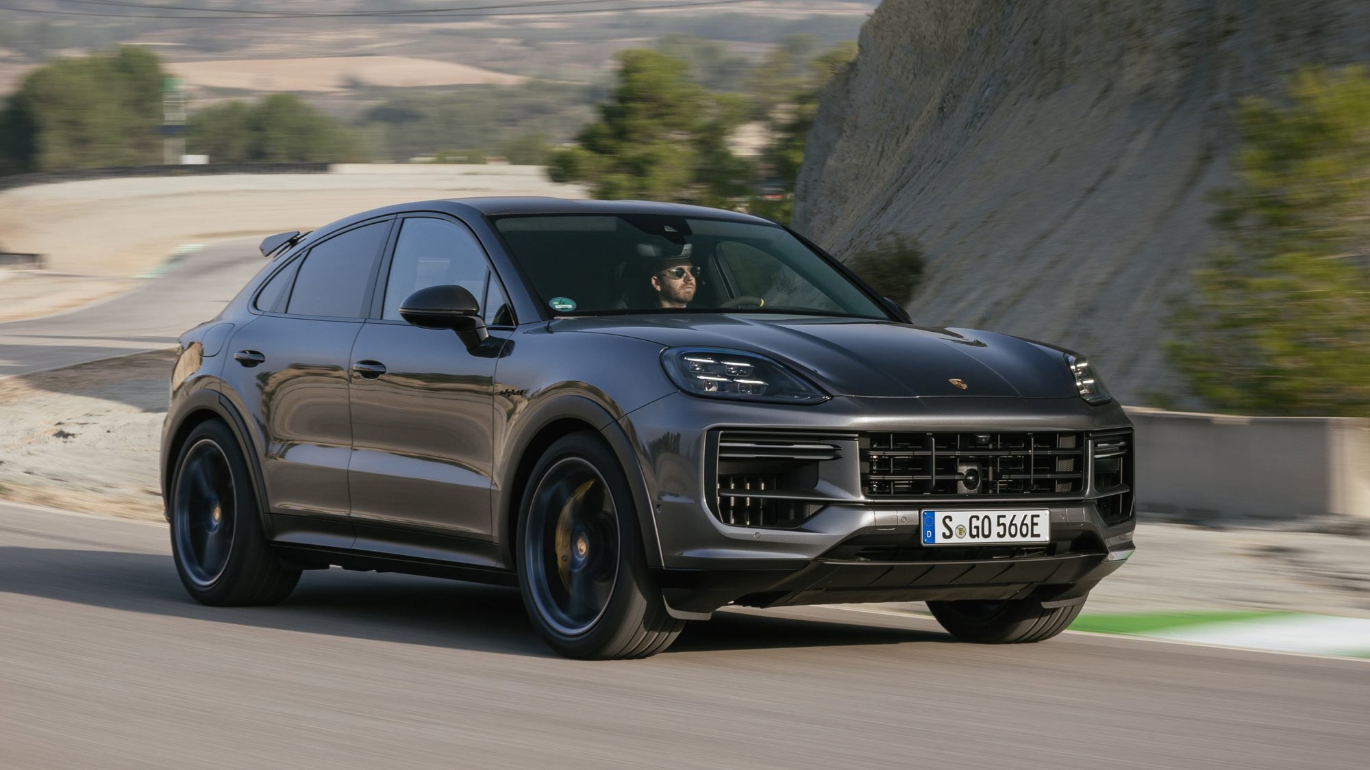 Porsche Cayenne Coupe review - 2023 facelift - Turbo E-Hybrid with GT Package, front, driving, track