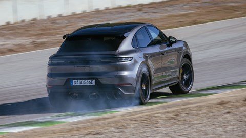 Porsche Cayenne Coupe review - 2023 facelift - Turbo E-Hybrid with GT Package, grey, rear, sideways