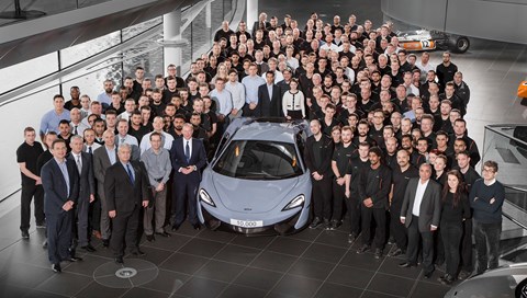The 10,000th McLaren: the 570S, CEO Mike Flewitt and staff in Woking