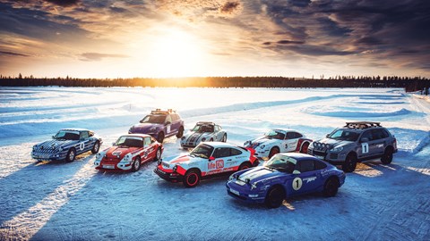 Air-cooled Porsche 911 ice-driving experiences, group shot including 911s and Cayennes