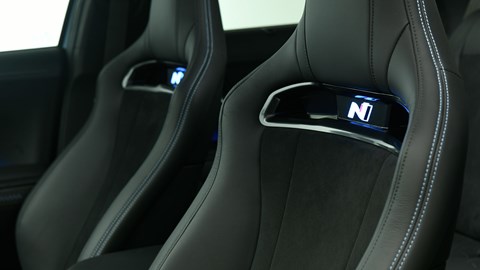 Hyundai Ioniq 5 N (2024) review: N-badged sports seats detail, blac upholstery