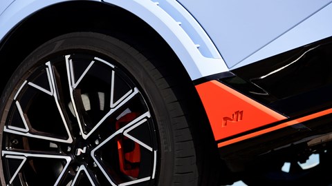 Hyundai Ioniq 5 N (2024) review: side skirt detail, N-badge, blue and red paint