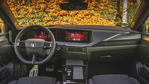 Vauxhall Astra Sports Tourer Electric (2023) review: dashboard and infotainment system, black upholstery